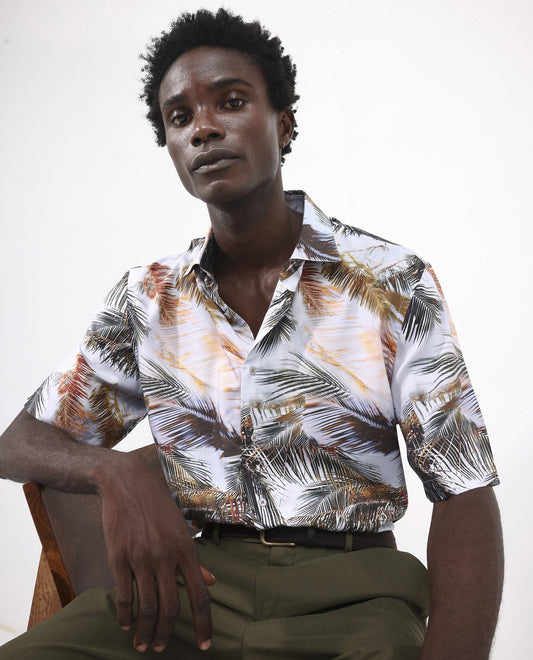Rare Rabbit Men's Saiph Pastel Purple Viscose Tropical Print Boxy Fit Half Sleeve Collared Shirt