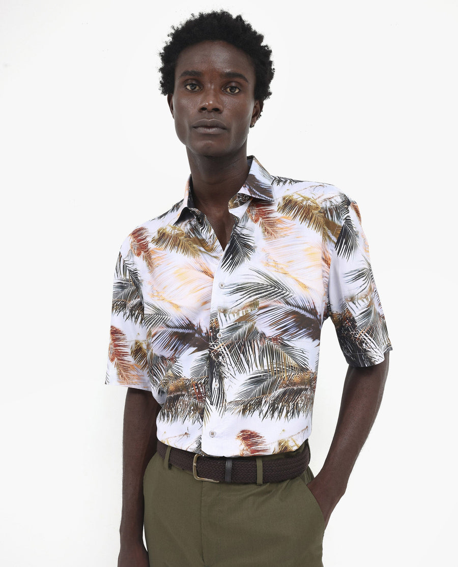 Rare Rabbit Men's Saiph Pastel Purple Viscose Tropical Print Boxy Fit Half Sleeve Collared Shirt