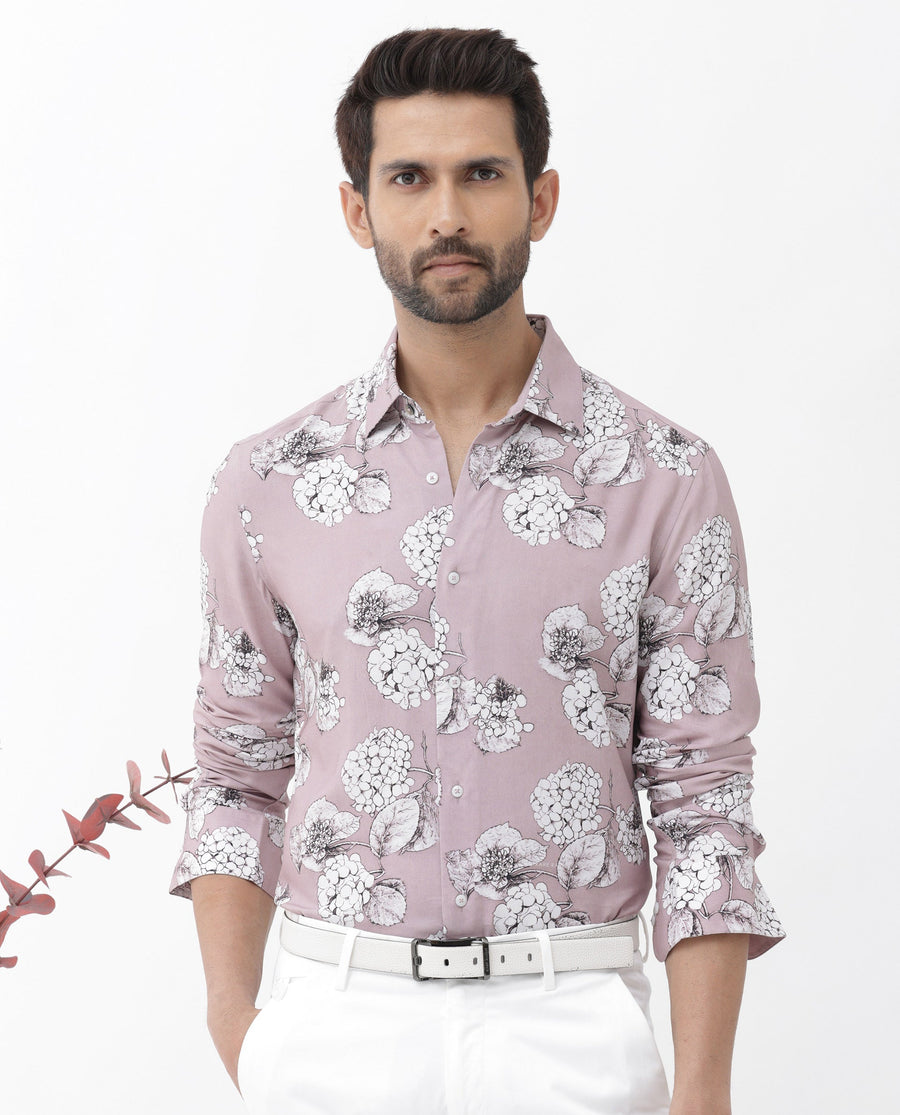 Rare Rabbit Men's Sakon Dusky Pink Viscose Floral Print Regular Fit Full Sleeve Collared Shirt