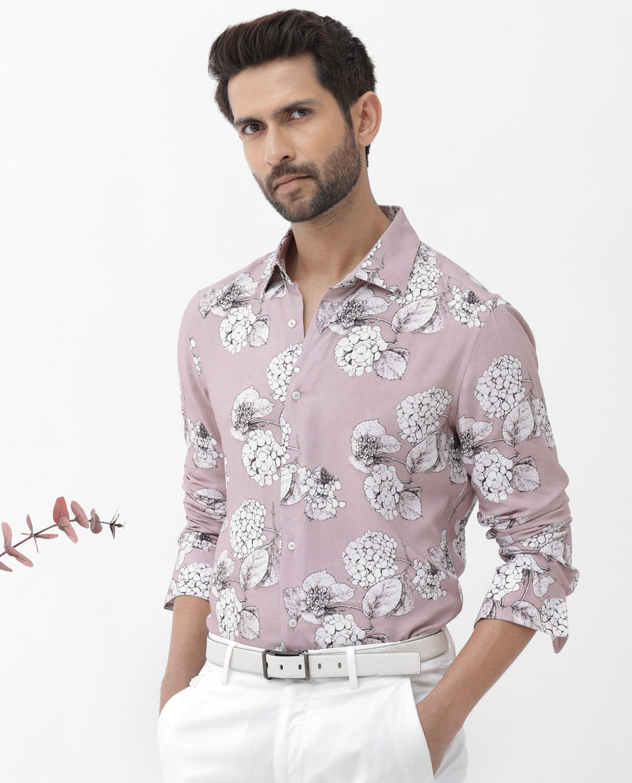 Rare Rabbit Men's Sakon Dusky Pink Viscose Floral Print Regular Fit Full Sleeve Collared Shirt