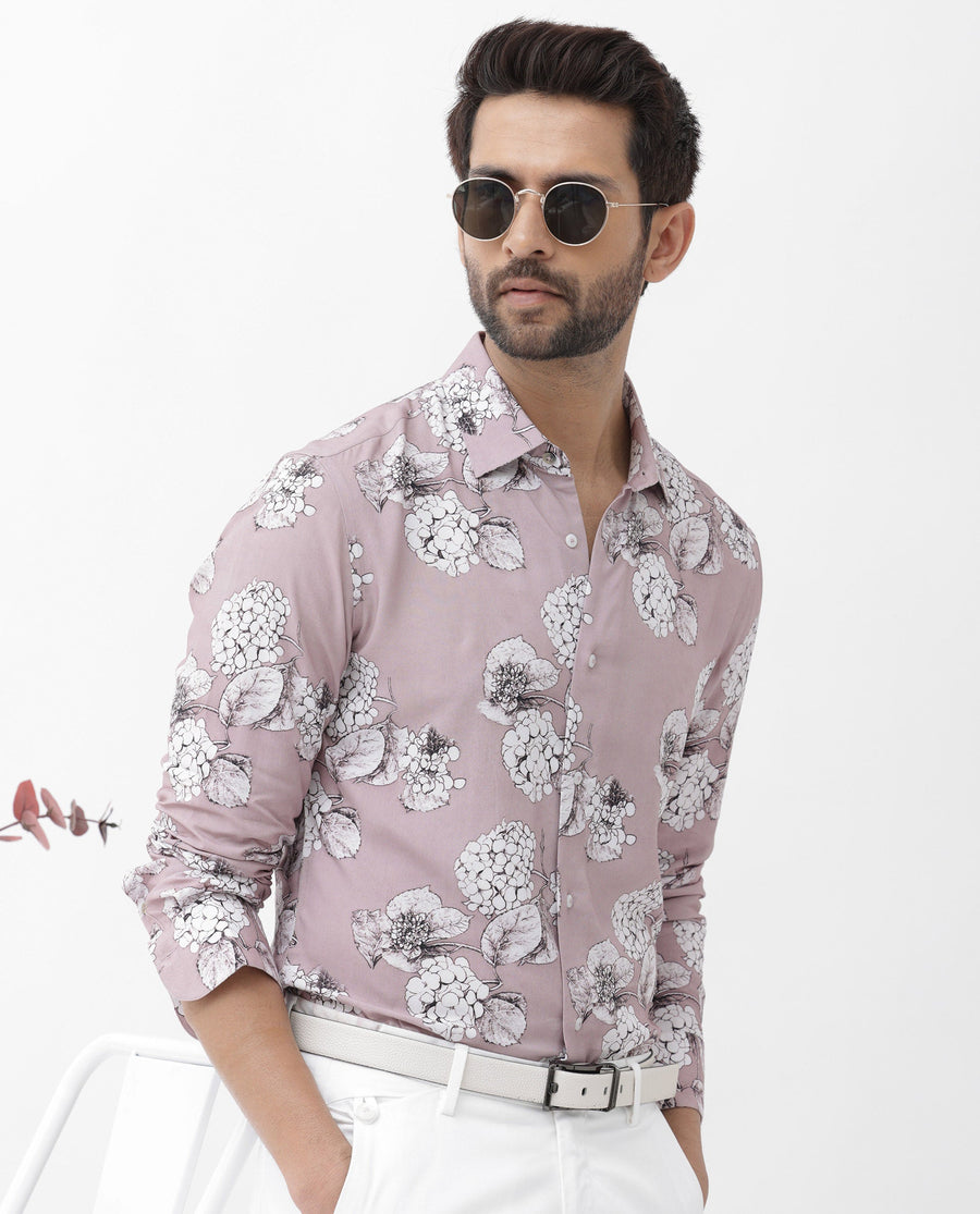 Rare Rabbit Men's Sakon Dusky Pink Viscose Floral Print Regular Fit Full Sleeve Collared Shirt