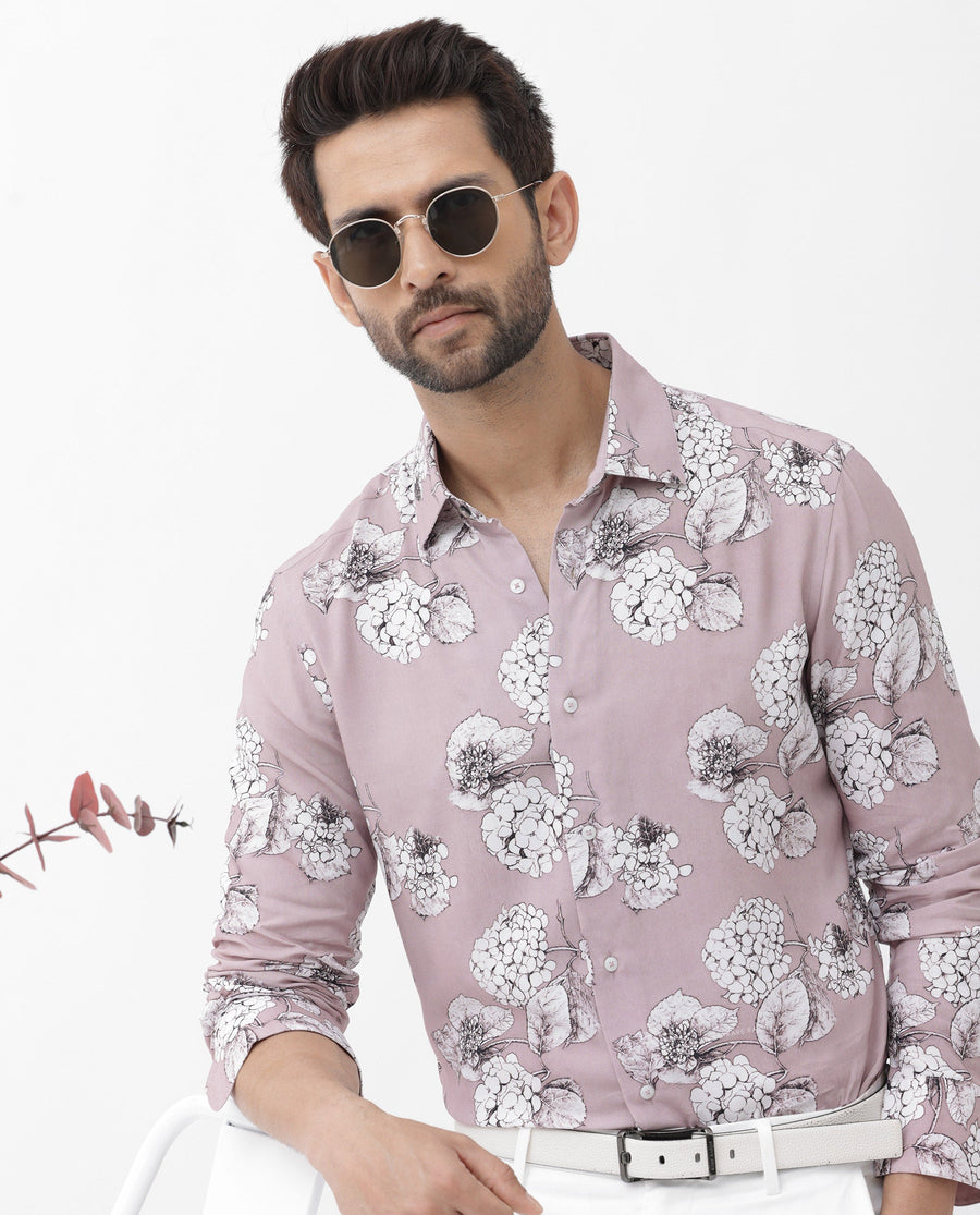 Rare Rabbit Men's Sakon Dusky Pink Viscose Floral Print Regular Fit Full Sleeve Collared Shirt