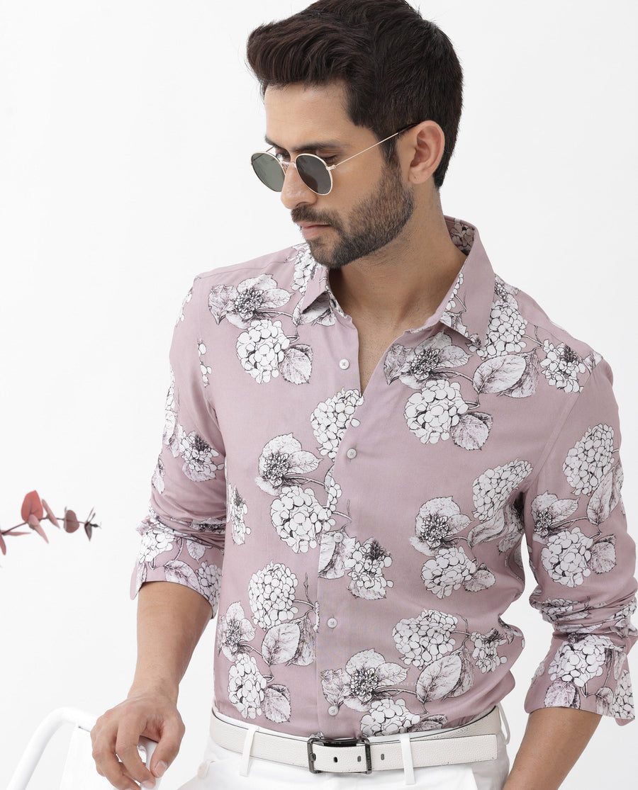 Rare Rabbit Men's Sakon Dusky Pink Viscose Floral Print Regular Fit Full Sleeve Collared Shirt