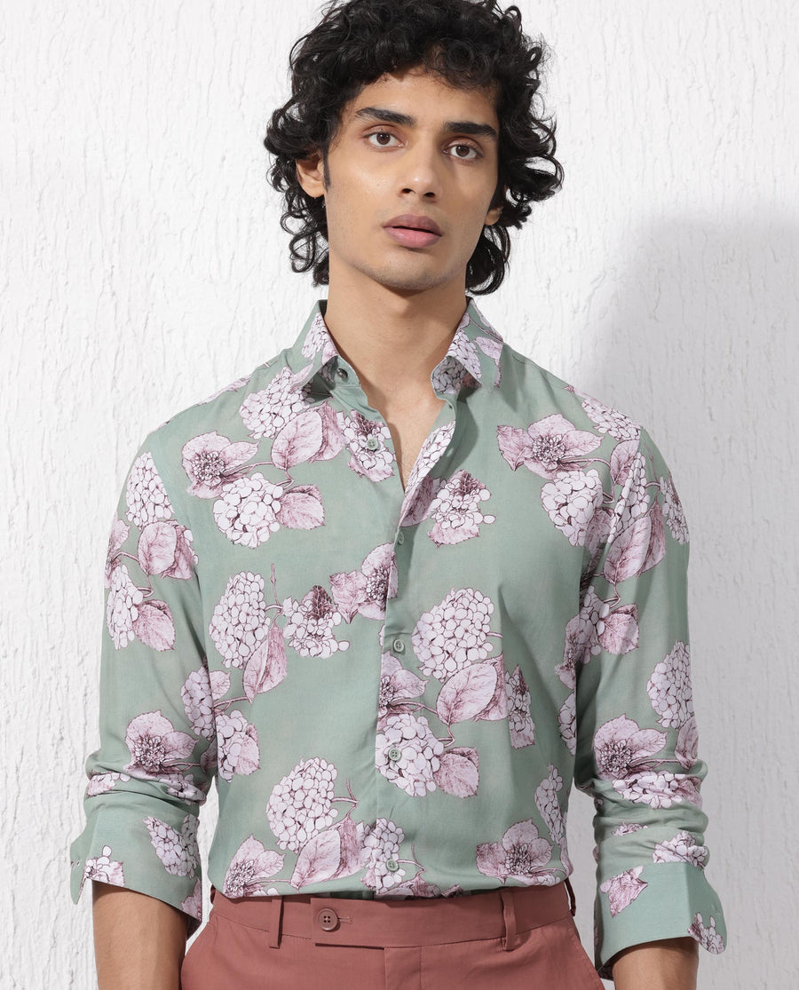Rare Rabbit Men's Sakura Dusky Green Cotton Floral Print Regular Fit Full Sleeve Collared Shirt