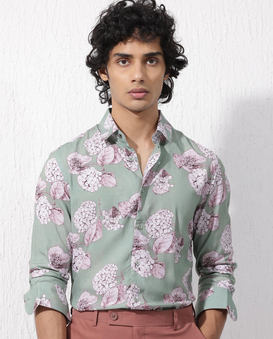 Rare Rabbit Men's Sakura Dusky Green Cotton Floral Print Regular Fit Full Sleeve Collared Shirt