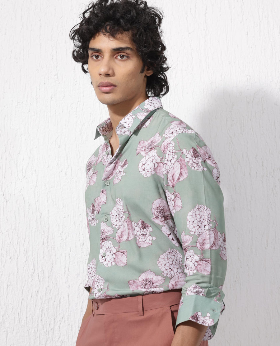 Rare Rabbit Men's Sakura Dusky Green Cotton Floral Print Regular Fit Full Sleeve Collared Shirt