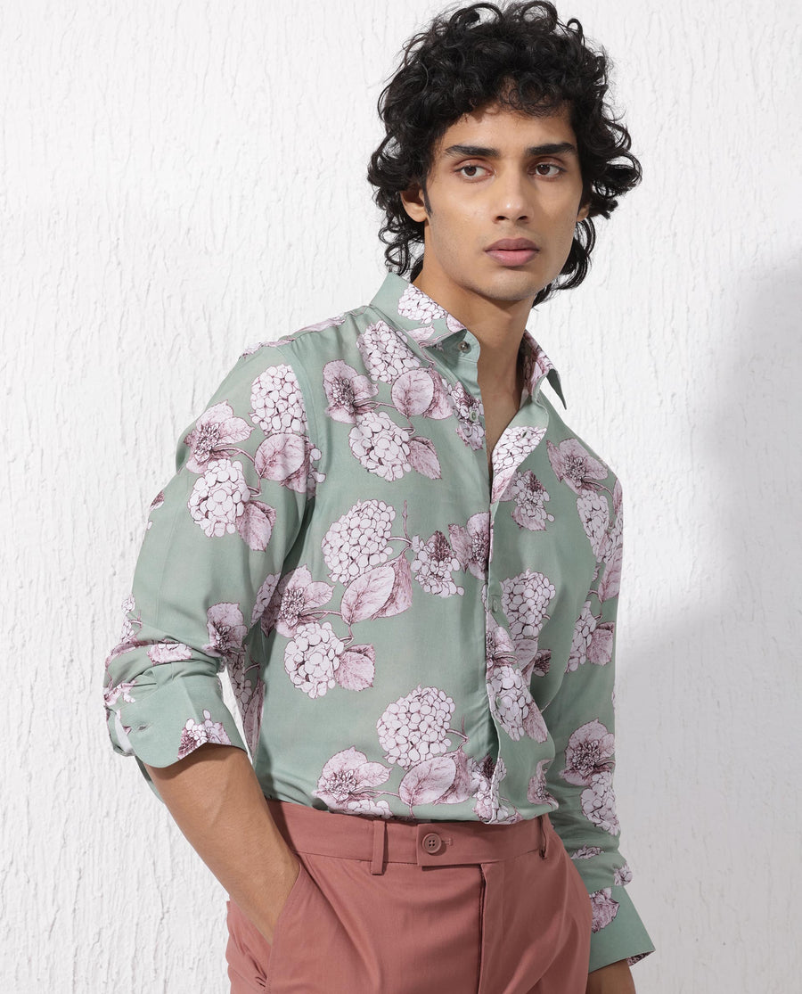 Rare Rabbit Men's Sakura Dusky Green Cotton Floral Print Regular Fit Full Sleeve Collared Shirt