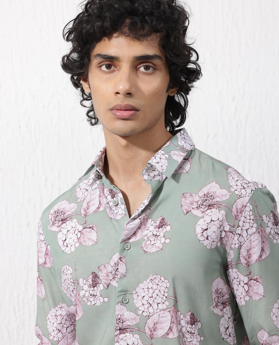 Rare Rabbit Men's Sakura Dusky Green Cotton Floral Print Regular Fit Full Sleeve Collared Shirt