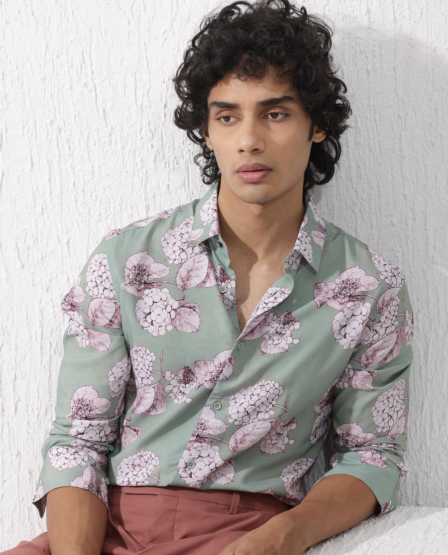 Rare Rabbit Men's Sakura Dusky Green Cotton Floral Print Regular Fit Full Sleeve Collared Shirt