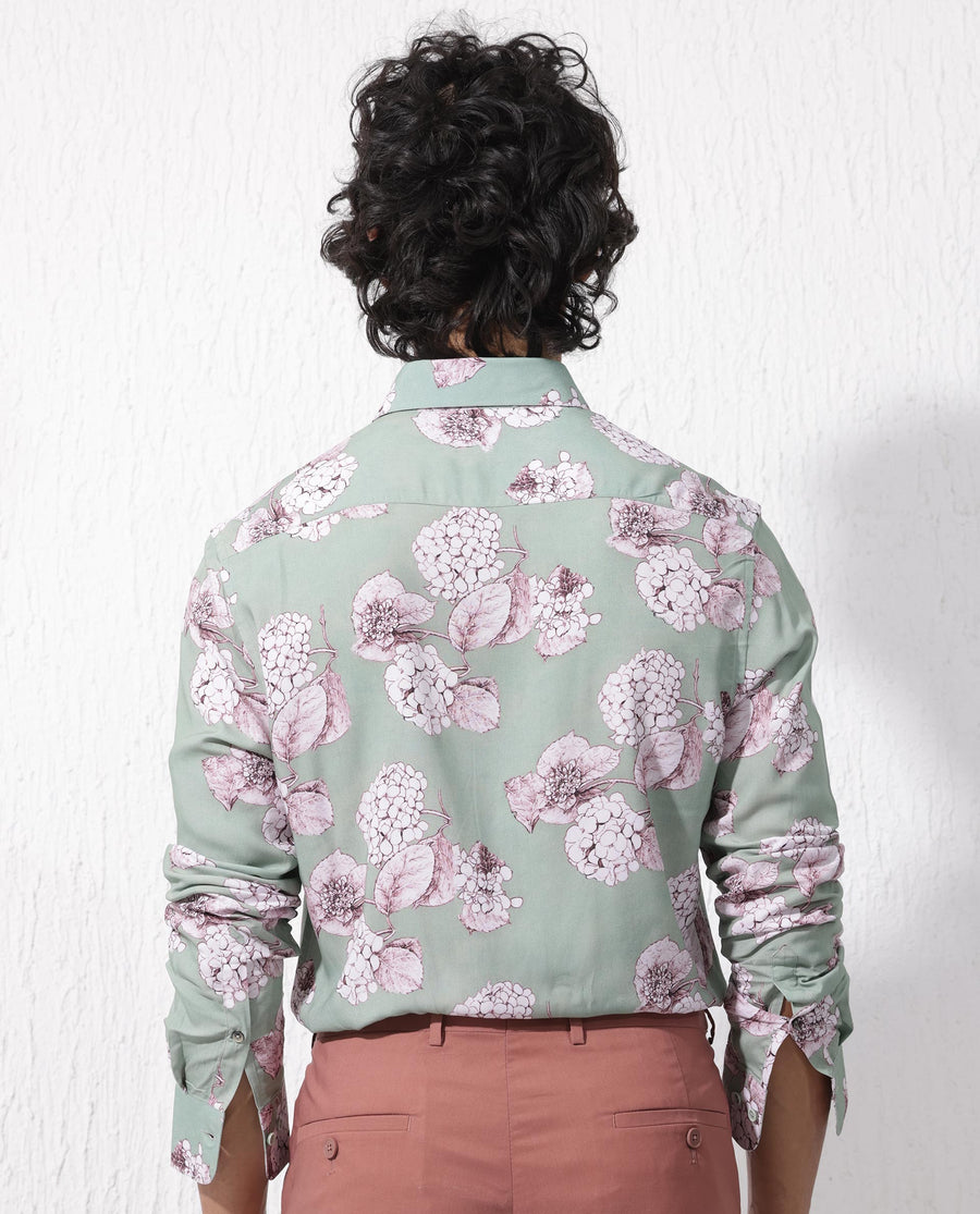 Rare Rabbit Men's Sakura Dusky Green Cotton Floral Print Regular Fit Full Sleeve Collared Shirt