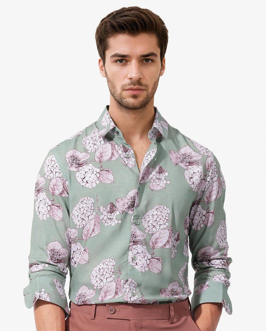 Rare Rabbit Men's Sakura Dusky Green Cotton Floral Print Regular Fit Full Sleeve Collared Shirt