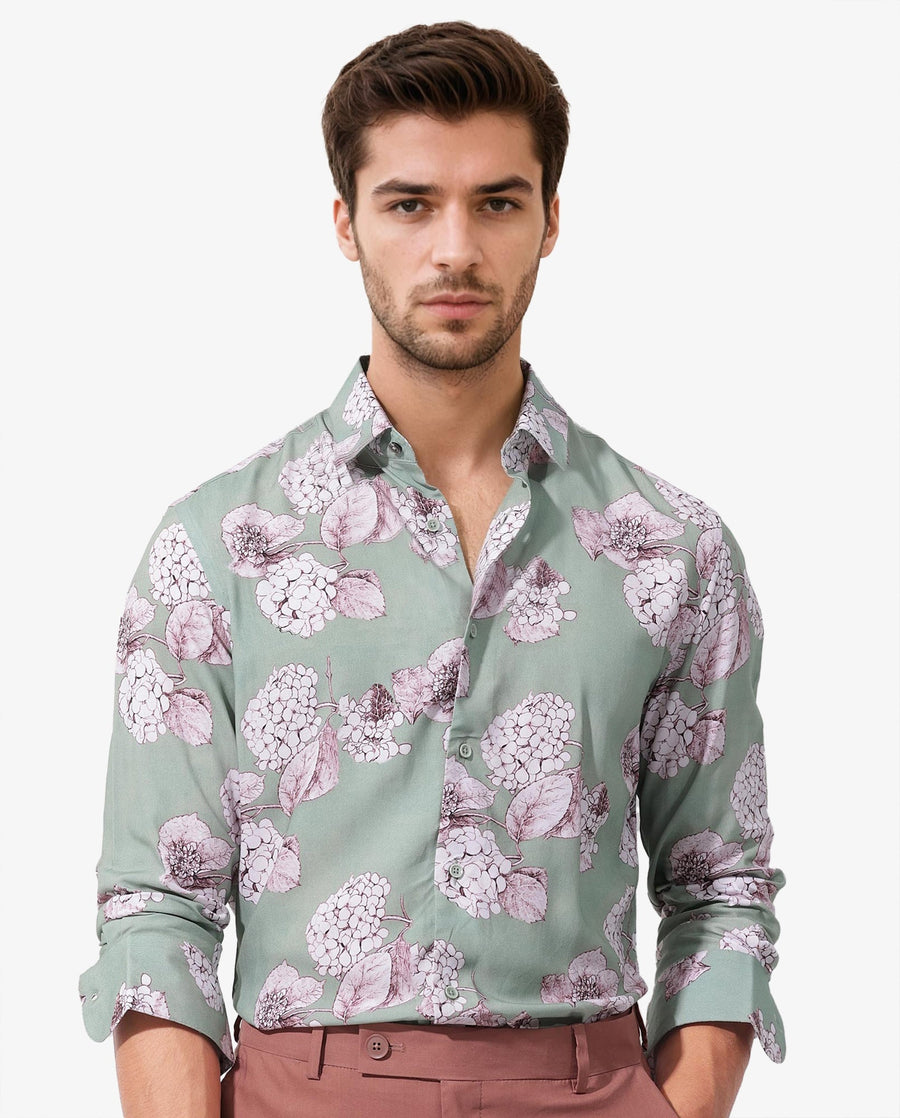 Rare Rabbit Men's Sakura Dusky Green Cotton Floral Print Regular Fit Full Sleeve Collared Shirt