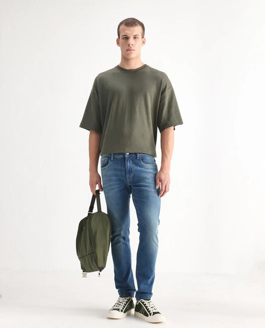 Rare Rabbit Men's Salar Pastel Blue Cotton Blend Plain Hawk Slim Fit Jeans