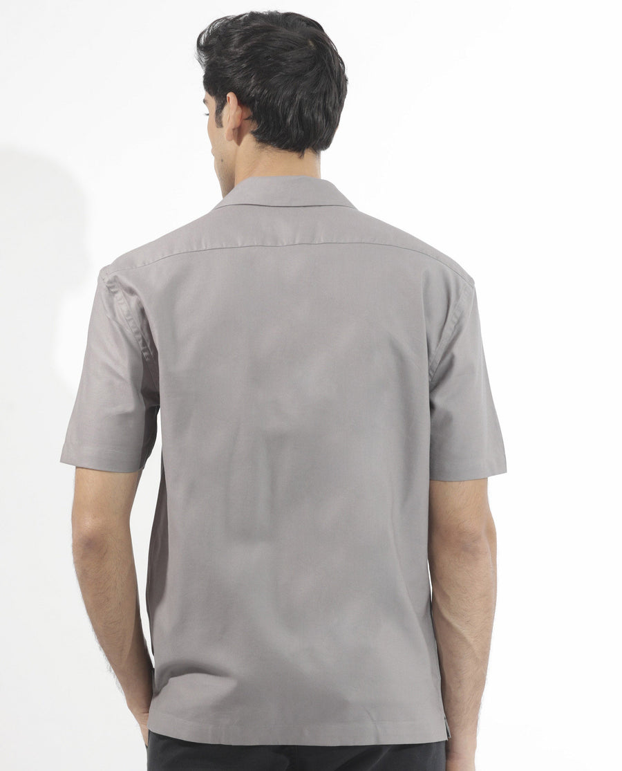 Rare Rabbit Men's Salford Dusky Grey Cotton Plain Regular Fit Half Sleeve Cuban Collar Shirt