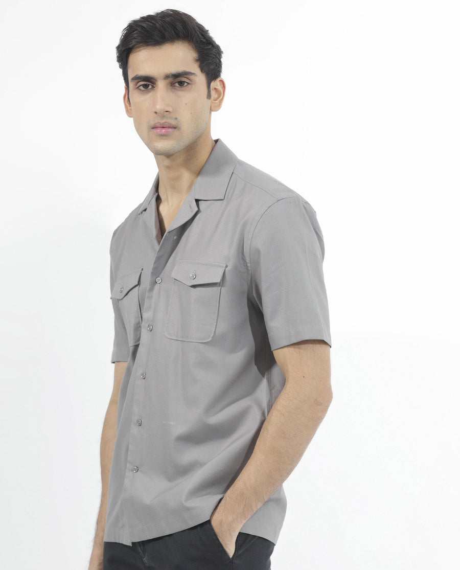 Rare Rabbit Men's Salford Dusky Grey Cotton Plain Regular Fit Half Sleeve Cuban Collar Shirt