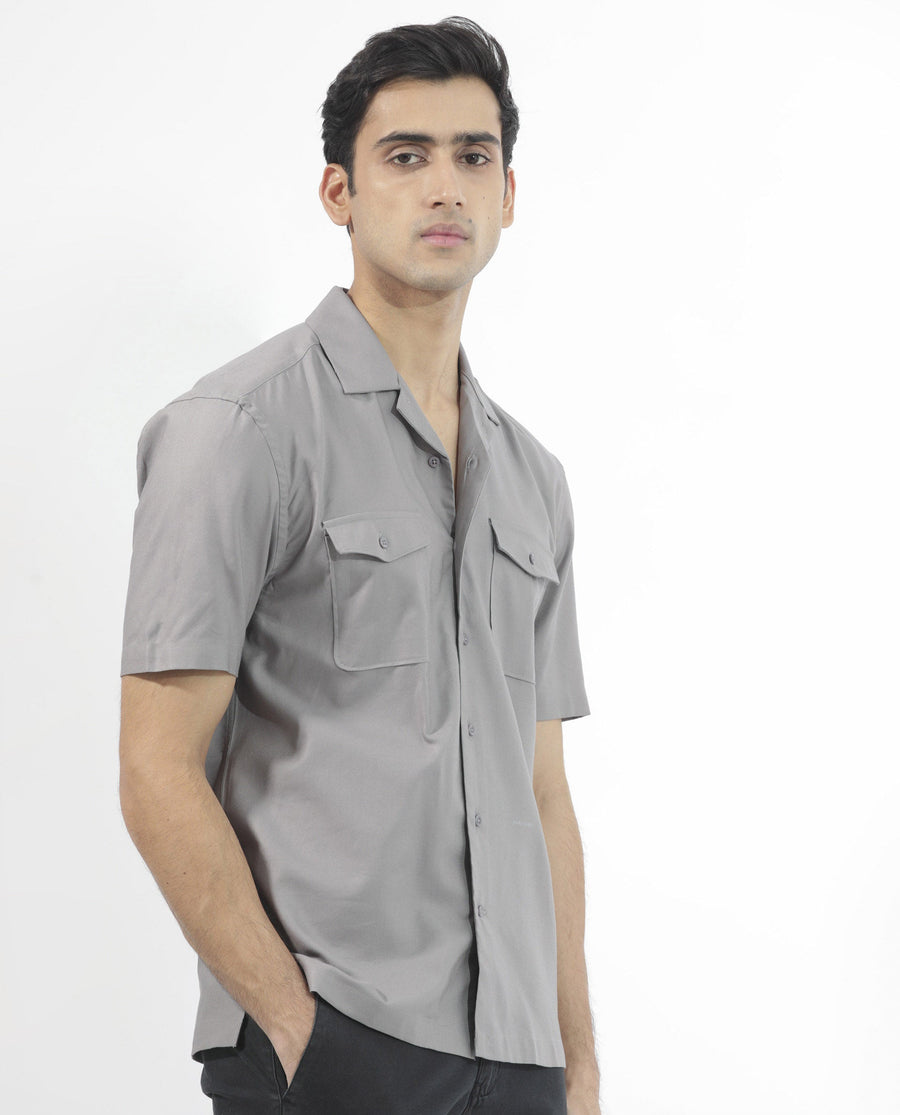 Rare Rabbit Men's Salford Dusky Grey Cotton Plain Regular Fit Half Sleeve Cuban Collar Shirt