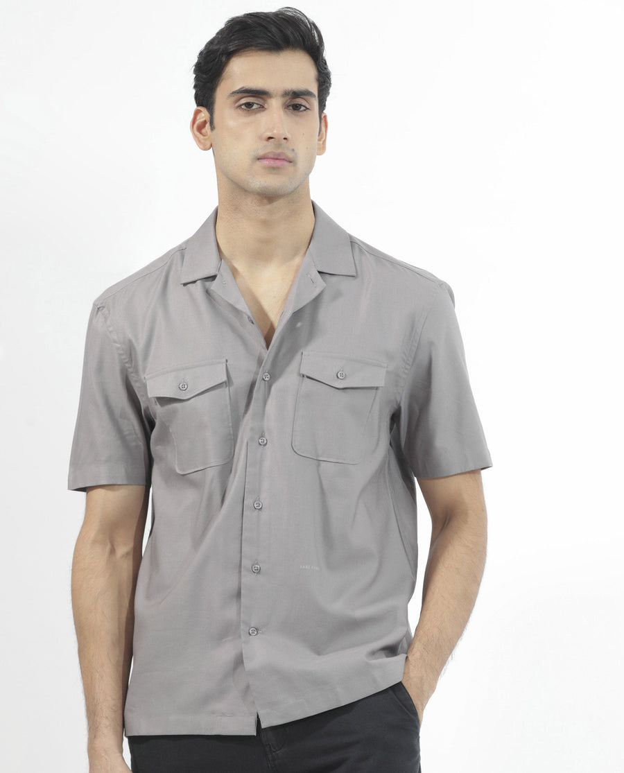 Rare Rabbit Men's Salford Dusky Grey Cotton Plain Regular Fit Half Sleeve Cuban Collar Shirt