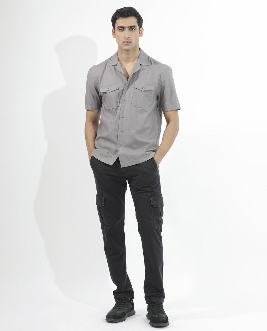 Rare Rabbit Men's Salford Dusky Grey Cotton Plain Regular Fit Half Sleeve Cuban Collar Shirt