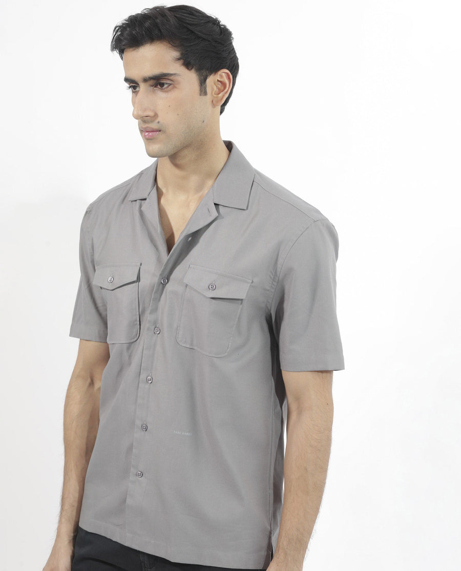 Rare Rabbit Men's Salford Dusky Grey Cotton Plain Regular Fit Half Sleeve Cuban Collar Shirt
