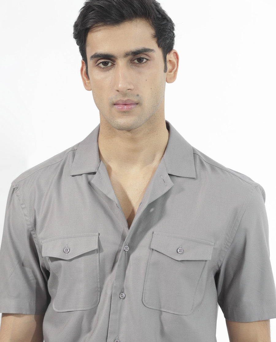 Rare Rabbit Men's Salford Dusky Grey Cotton Plain Regular Fit Half Sleeve Cuban Collar Shirt