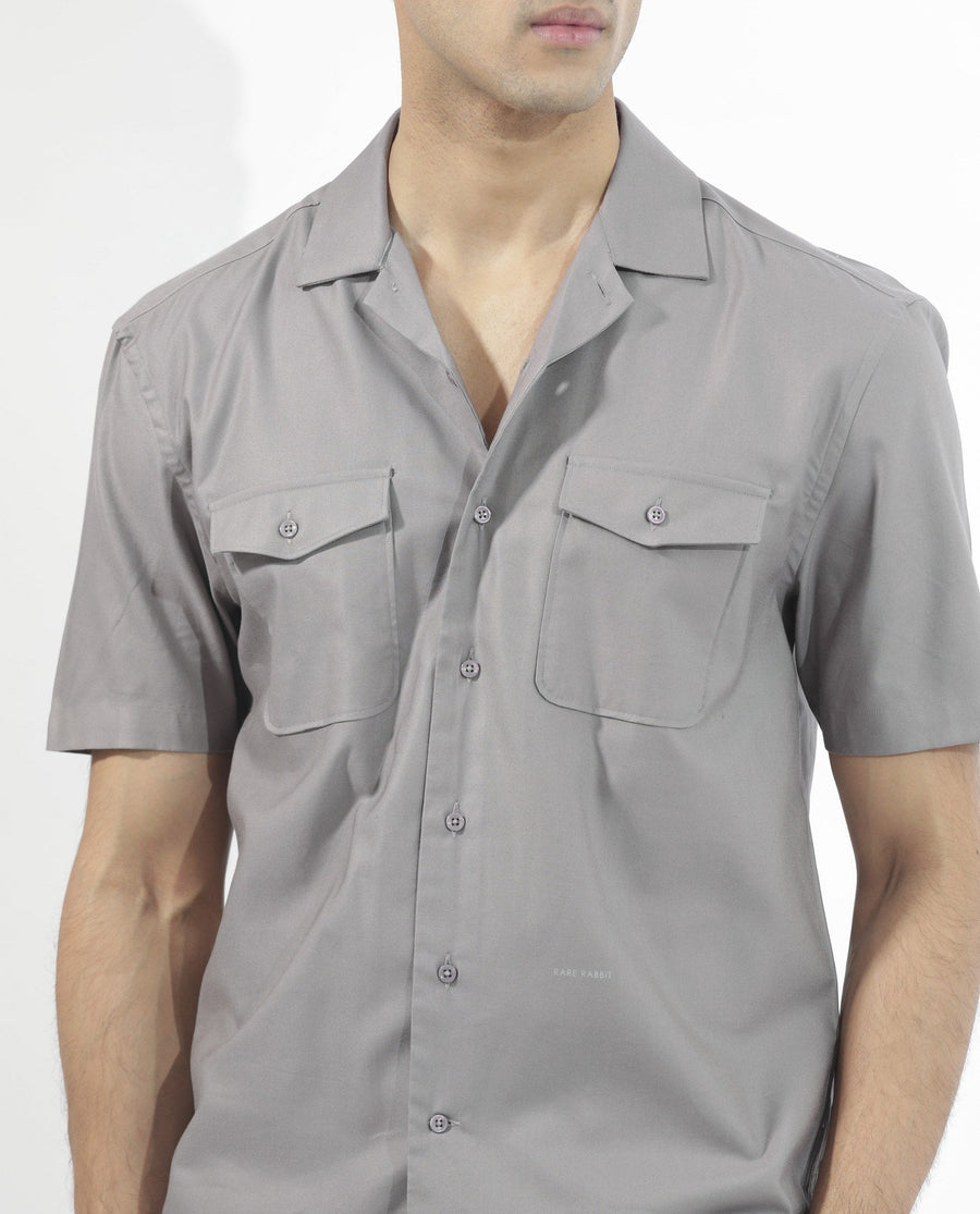 Rare Rabbit Men's Salford Dusky Grey Cotton Plain Regular Fit Half Sleeve Cuban Collar Shirt