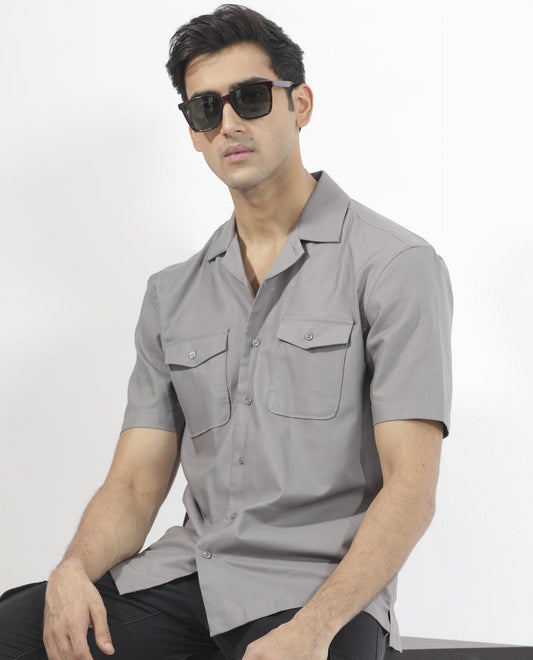 Rare Rabbit Men's Salford Dusky Grey Cotton Plain Regular Fit Half Sleeve Cuban Collar Shirt