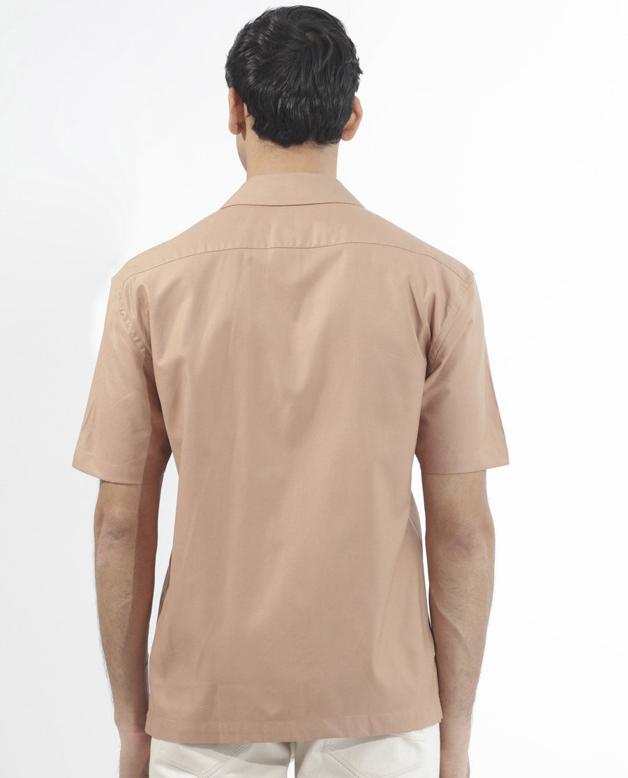 Rare Rabbit Men's Salford Light Brown Cotton Plain Regular Fit Half Sleeve Cuban Collar Shirt