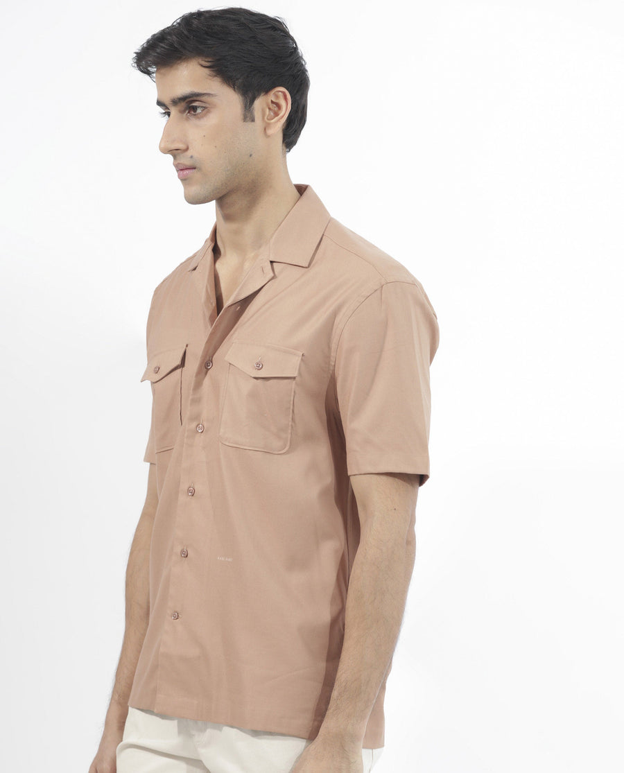 Rare Rabbit Men's Salford Light Brown Cotton Plain Regular Fit Half Sleeve Cuban Collar Shirt