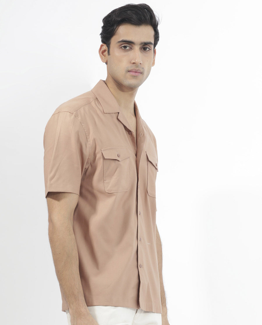 Rare Rabbit Men's Salford Light Brown Cotton Plain Regular Fit Half Sleeve Cuban Collar Shirt