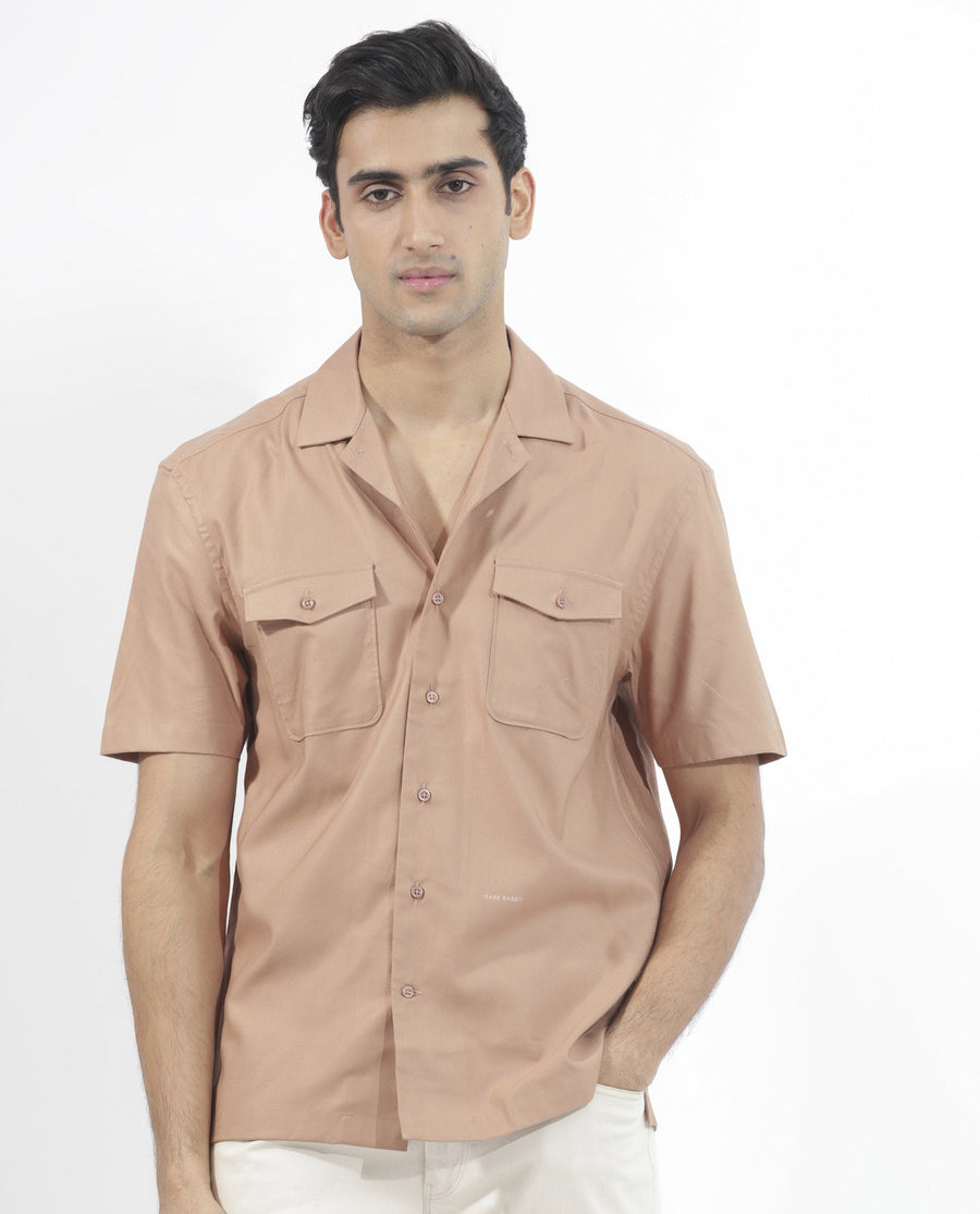 Rare Rabbit Men's Salford Light Brown Cotton Plain Regular Fit Half Sleeve Cuban Collar Shirt