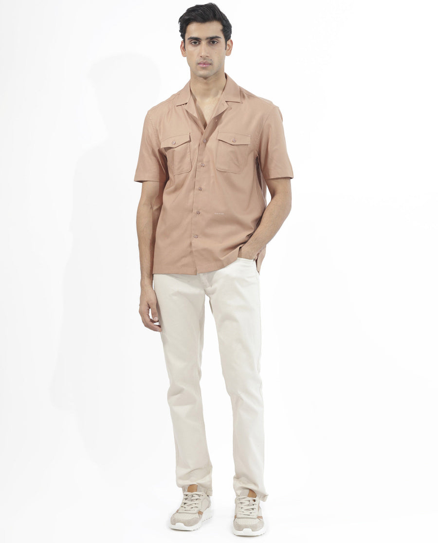 Rare Rabbit Men's Salford Light Brown Cotton Plain Regular Fit Half Sleeve Cuban Collar Shirt