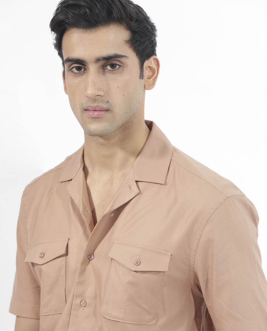 Rare Rabbit Men's Salford Light Brown Cotton Plain Regular Fit Half Sleeve Cuban Collar Shirt