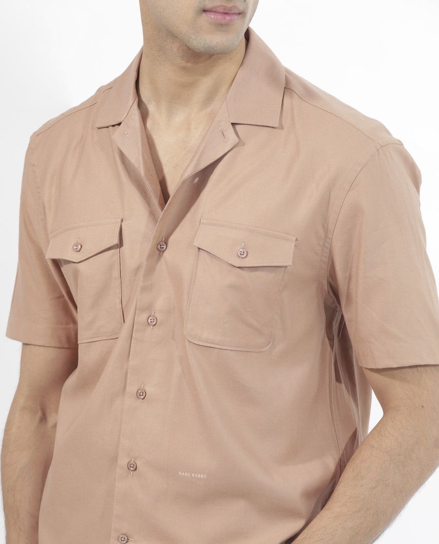 Rare Rabbit Men's Salford Light Brown Cotton Plain Regular Fit Half Sleeve Cuban Collar Shirt