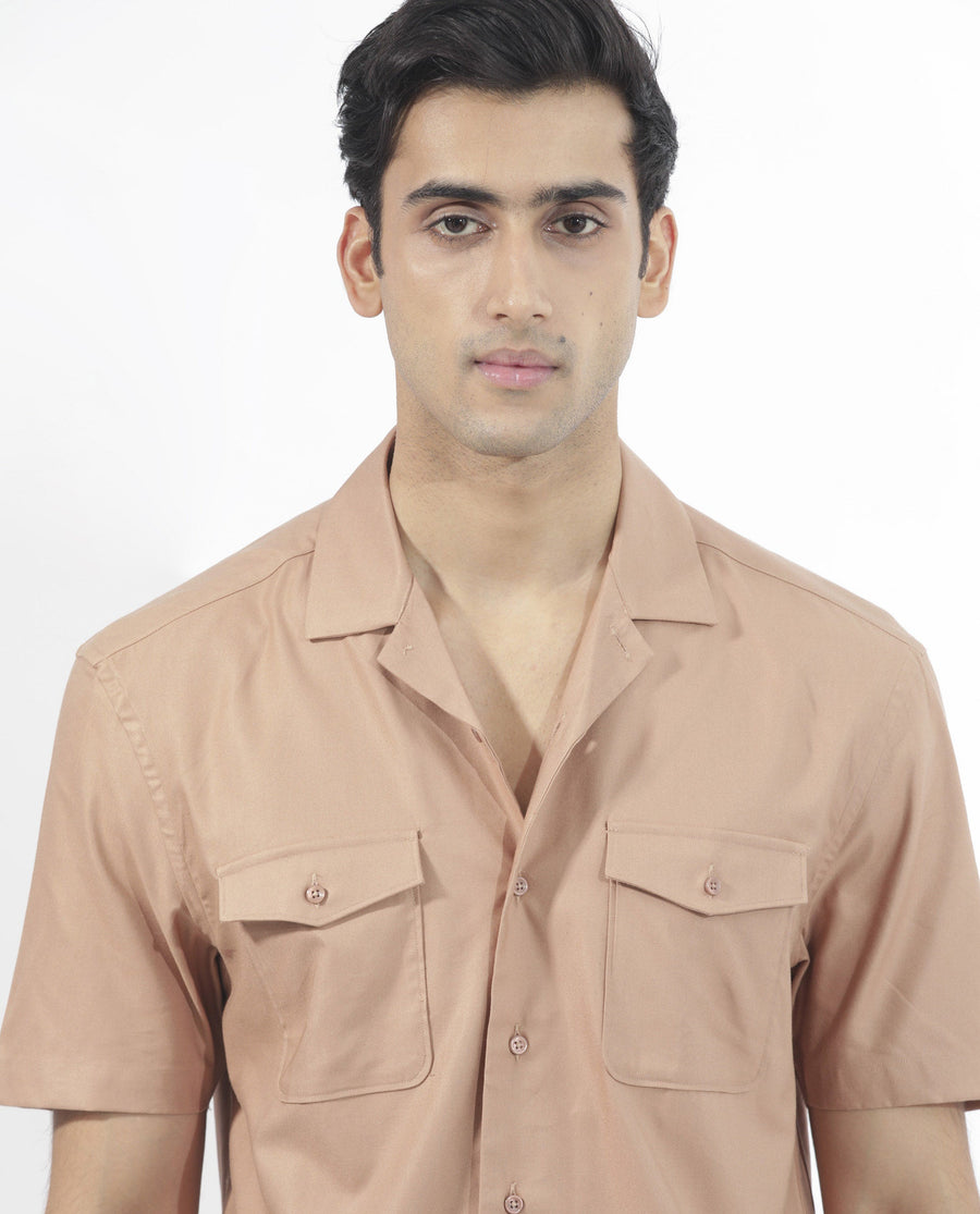 Rare Rabbit Men's Salford Light Brown Cotton Plain Regular Fit Half Sleeve Cuban Collar Shirt