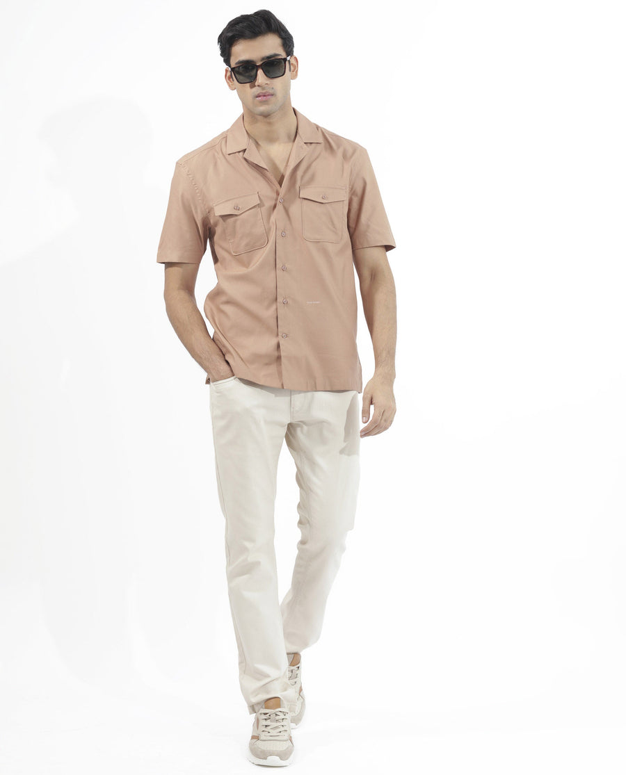 Rare Rabbit Men's Salford Light Brown Cotton Plain Regular Fit Half Sleeve Cuban Collar Shirt