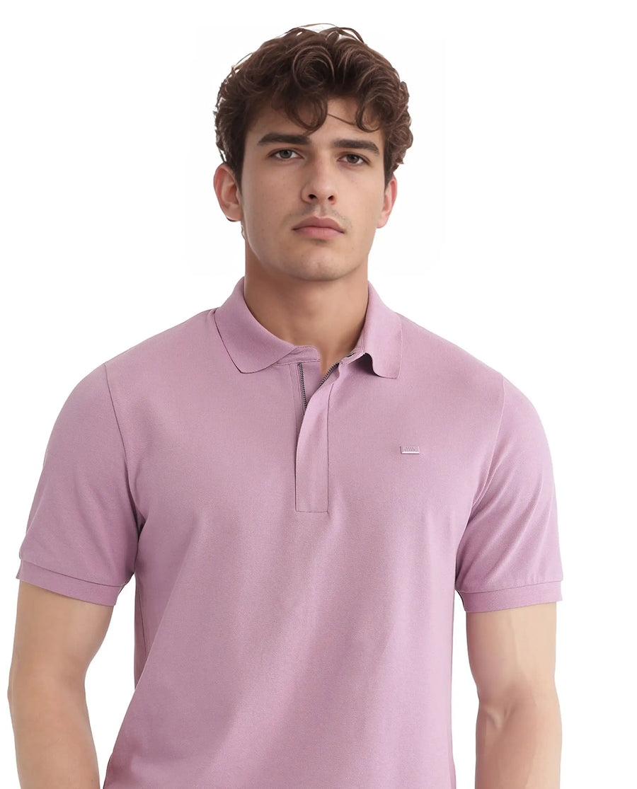 Rare Rabbit Men's Salis-25 Dusky Pink Cotton Blend Plain Regular Fit Half Sleeve Polo