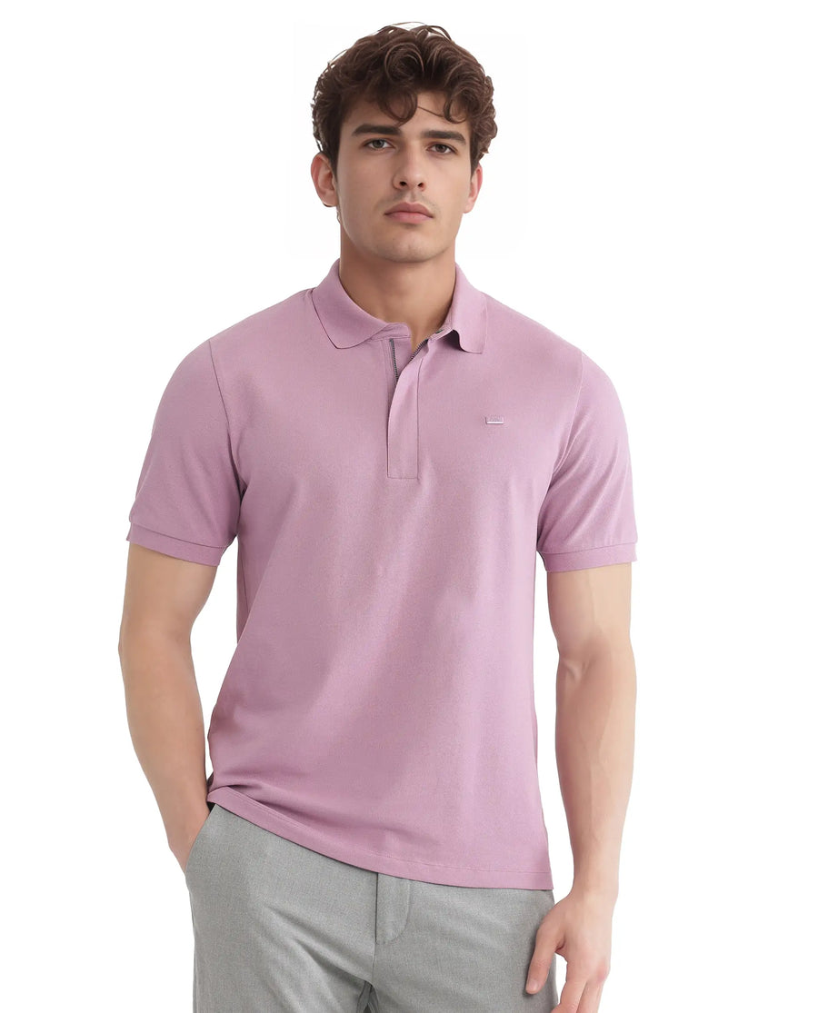 Rare Rabbit Men's Salis-25 Dusky Pink Cotton Blend Plain Regular Fit Half Sleeve Polo