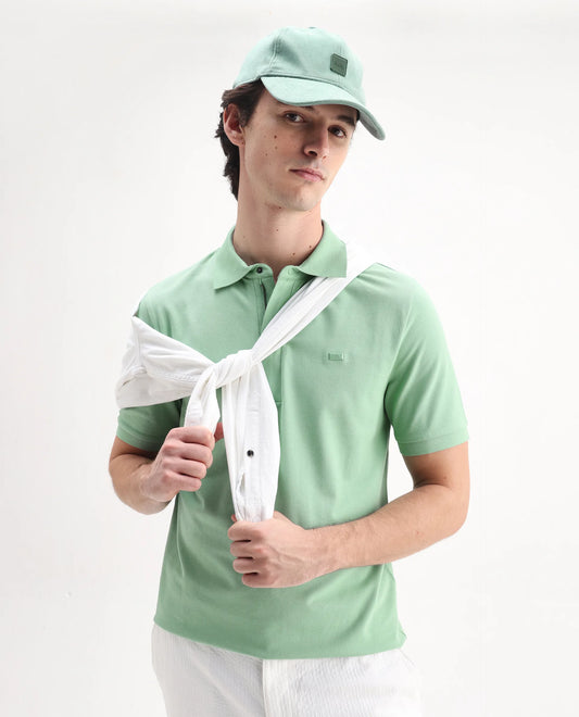 Rare Rabbit Men's Salis-25 Green Cotton Blend Plain Regular Fit Half Sleeve Polo