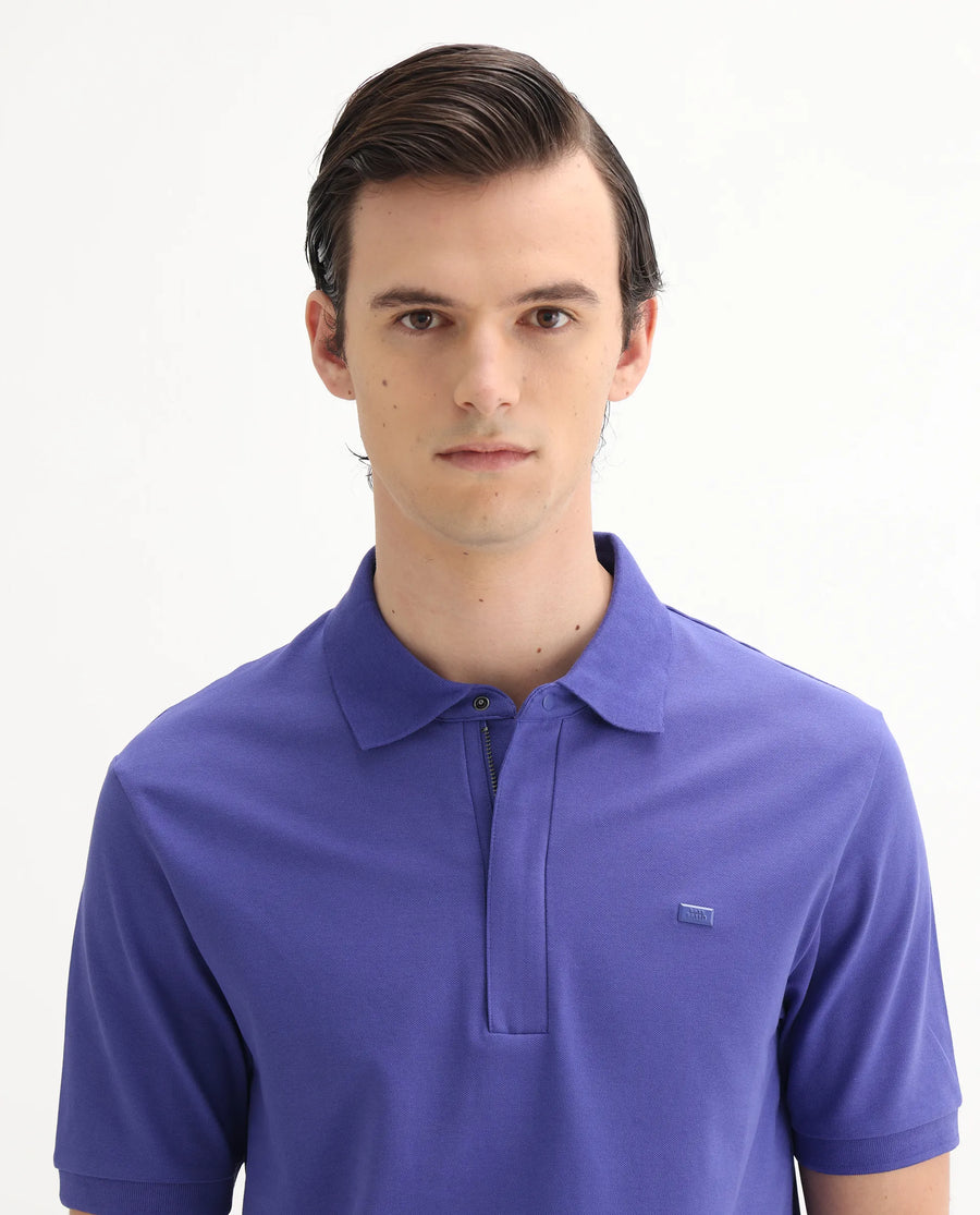 Rare Rabbit Men's Salis-25 Purple Cotton Blend Plain Regular Fit Half Sleeve Polo