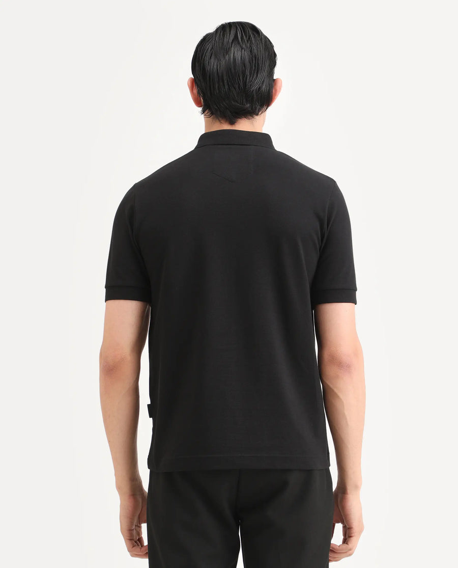 Rare Rabbit Men's Salis-S26 Black Cotton Blend Fabric Half Sleeve Spread Collar Regular Fit Plain Polo