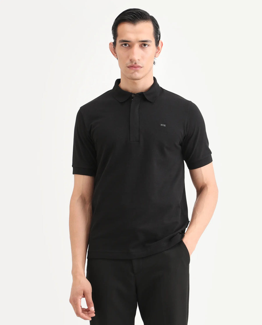 Rare Rabbit Men's Salis-S26 Black Cotton Blend Fabric Half Sleeve Spread Collar Regular Fit Plain Polo