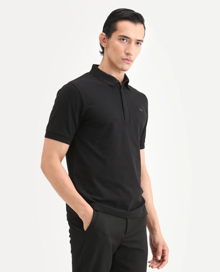 Rare Rabbit Men's Salis-S26 Black Cotton Blend Fabric Half Sleeve Spread Collar Regular Fit Plain Polo