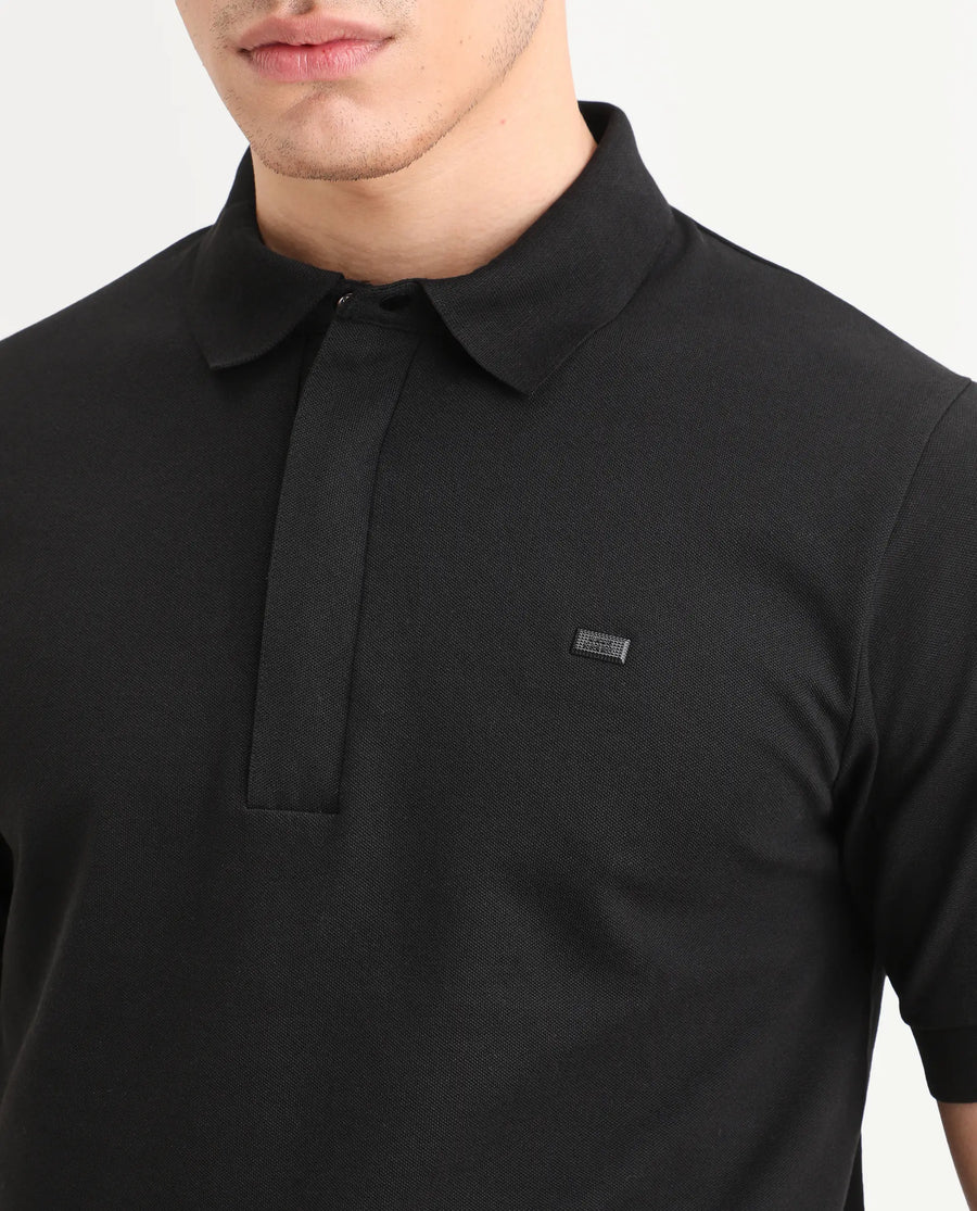 Rare Rabbit Men's Salis-S26 Black Cotton Blend Fabric Half Sleeve Spread Collar Regular Fit Plain Polo