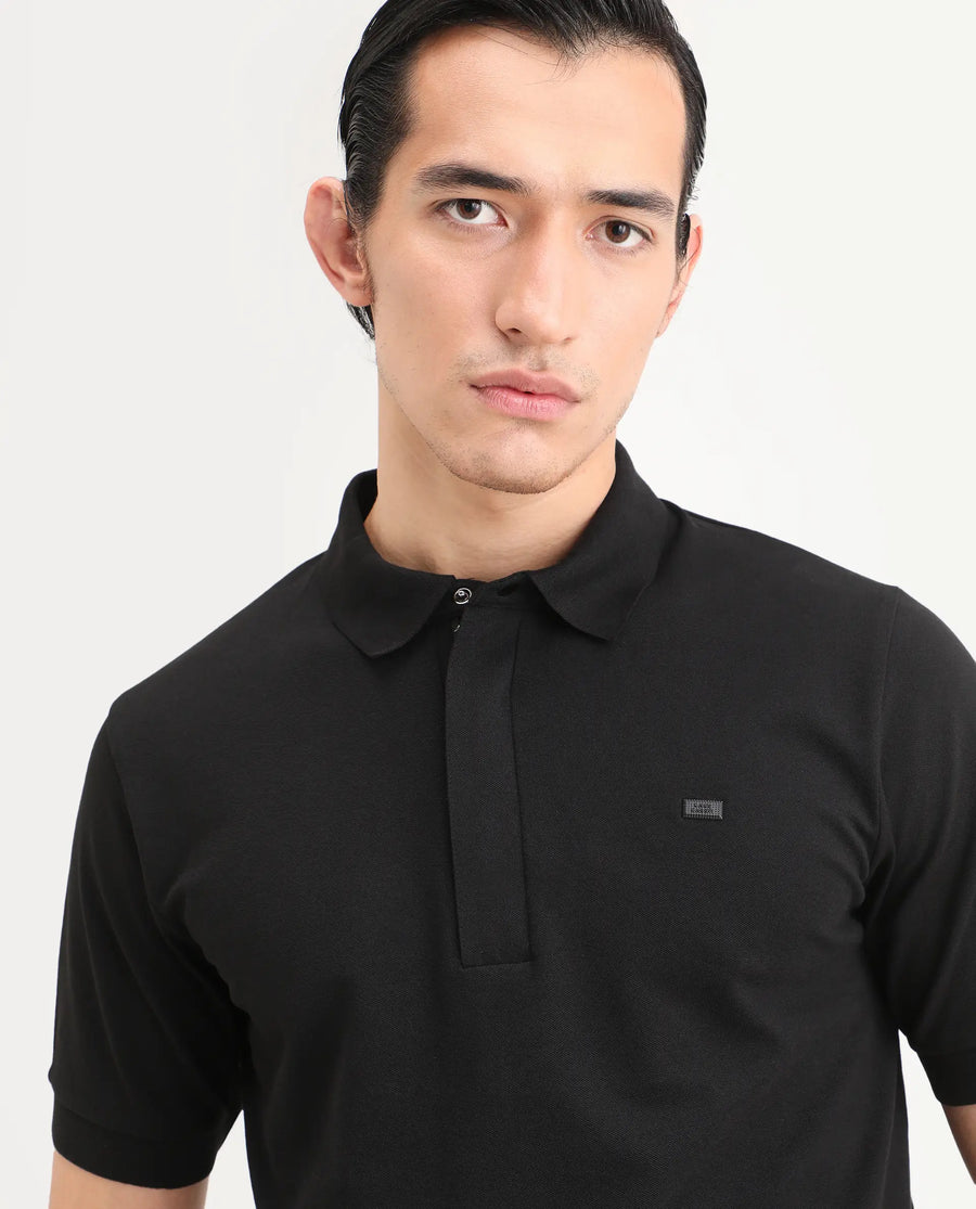 Rare Rabbit Men's Salis-S26 Black Cotton Blend Fabric Half Sleeve Spread Collar Regular Fit Plain Polo