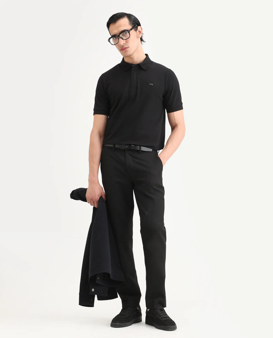 Rare Rabbit Men's Salis-S26 Black Cotton Blend Fabric Half Sleeve Spread Collar Regular Fit Plain Polo