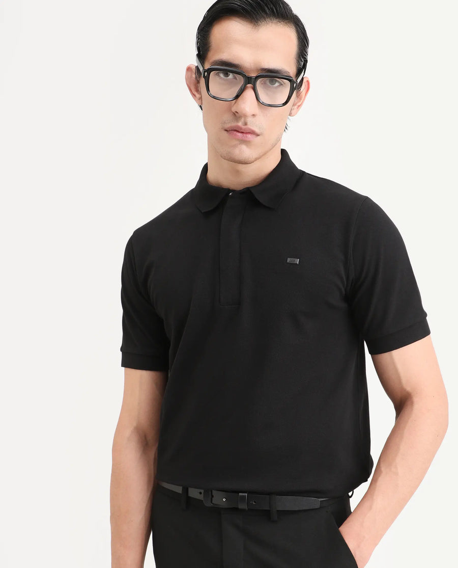 Rare Rabbit Men's Salis-S26 Black Cotton Blend Fabric Half Sleeve Spread Collar Regular Fit Plain Polo