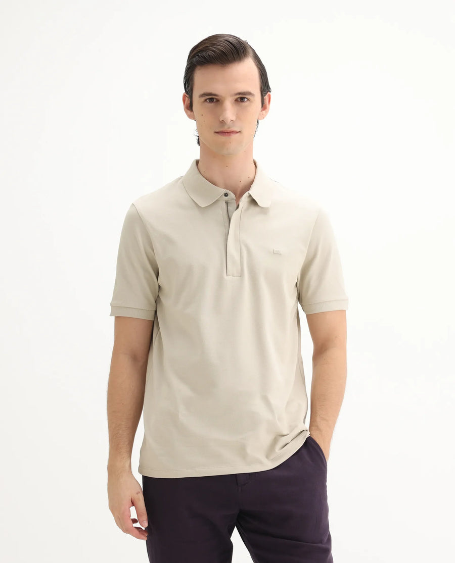 Rare Rabbit Men's Salis-25 Beige Cotton Blend Plain Regular Fit Half Sleeve Polo