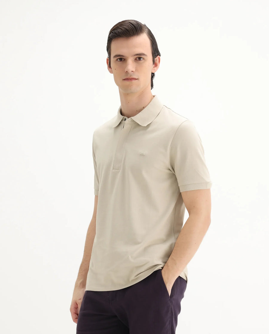 Rare Rabbit Men's Salis-25 Beige Cotton Blend Plain Regular Fit Half Sleeve Polo