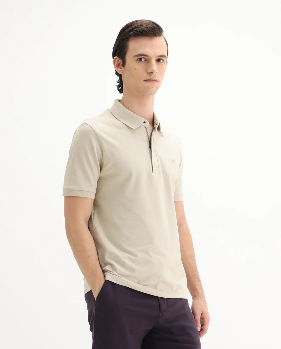 Rare Rabbit Men's Salis-25 Beige Cotton Blend Plain Regular Fit Half Sleeve Polo