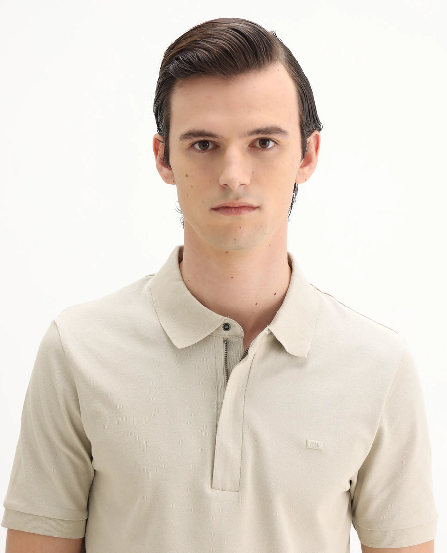 Rare Rabbit Men's Salis-25 Beige Cotton Blend Plain Regular Fit Half Sleeve Polo